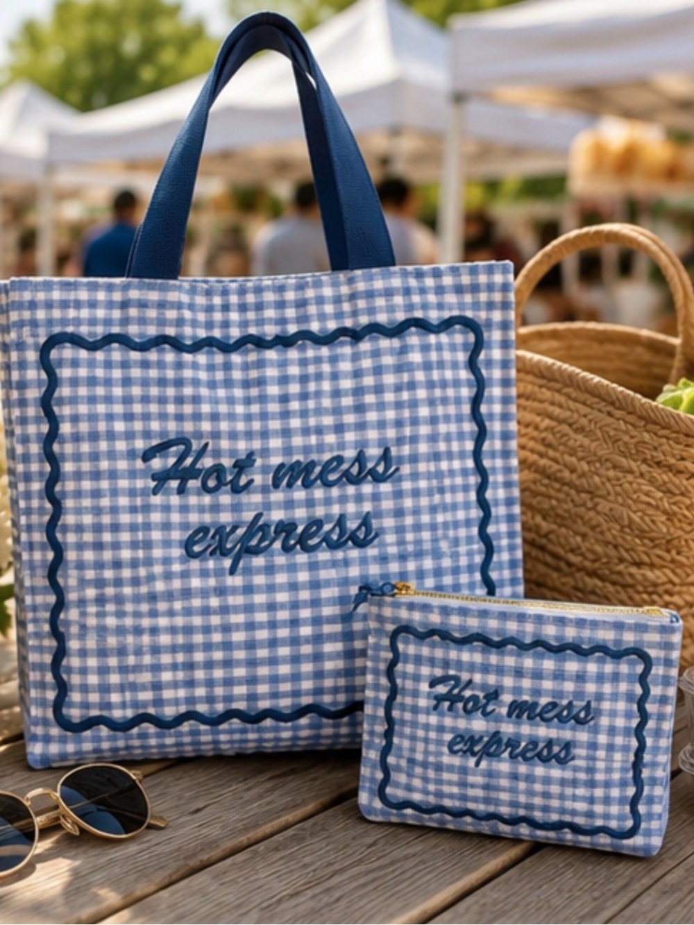 Lady Delaney | Blue Gingham Embroidered 'Hot Mess Express' Tote Bag Set